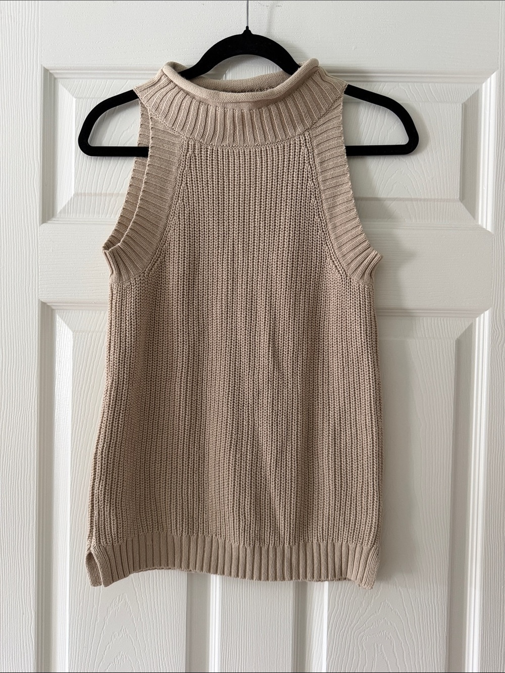 Harve Benard Sleeveless Cowl Turtleneck Sweater Tank in Beige